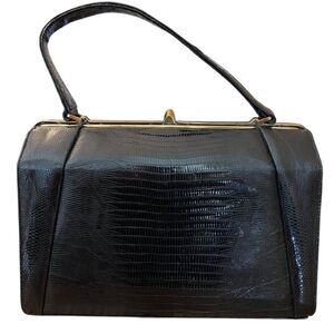 Vintage Escort Bag Black Top Handle Handbag Crocodile Embossed Hard Shell Purse